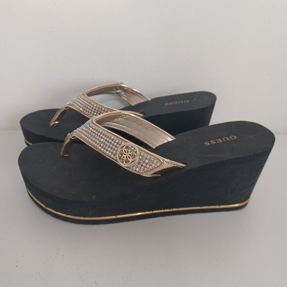GUESS SARRALY WEDGE FLIP FLOPS WOMEN SIZE 10M BLACK w/GOLD SILVER RHINESTONES - Picture 4 of 8